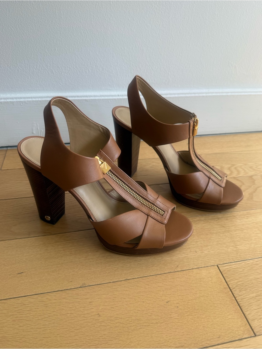 Michael Kors Women's Berkley Mid Platform T-Strap Sandals in luggage leather